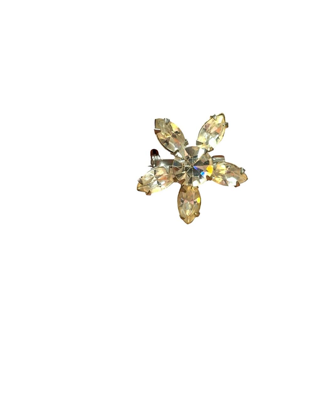 Vintage Clear Rhinestone Star Flower Brooch Silver Tone Navette Small Sparkly